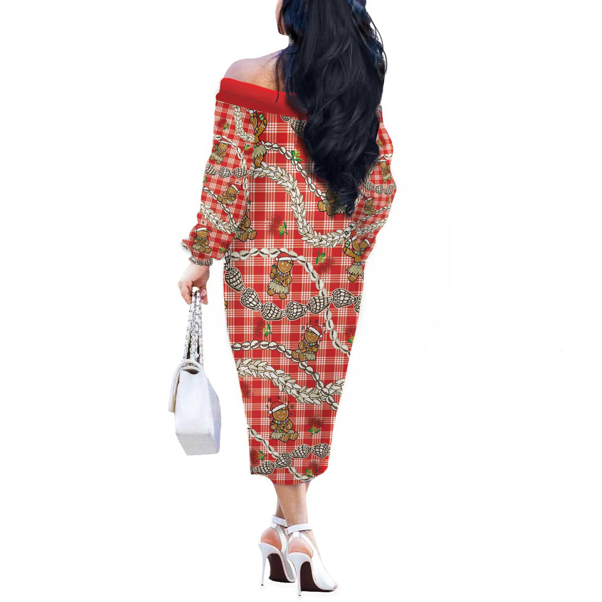 Red Palaka Hawaii Mele Kalikimaka Off The Shoulder Long Sleeve Dress Ohia Lehua Shell Leis Funny Gingerbread Santa - Polynesian Pride