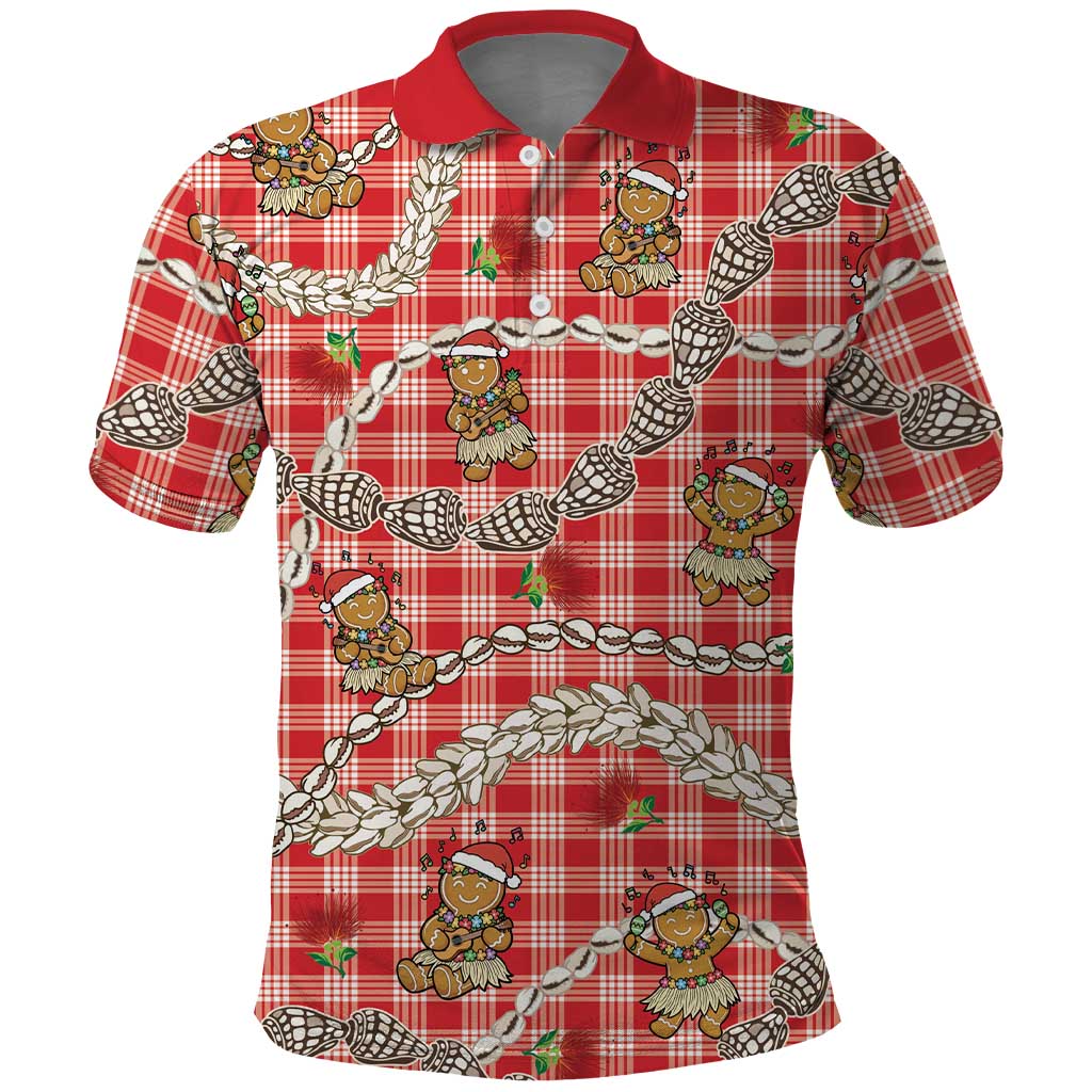Red Palaka Hawaii Mele Kalikimaka Polo Shirt Ohia Lehua Shell Leis Funny Gingerbread Santa - Polynesian Pride