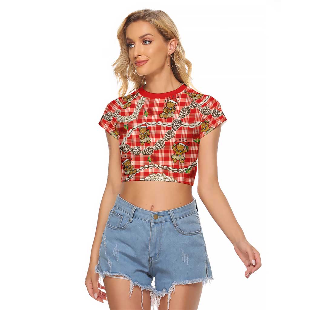 Red Palaka Hawaii Mele Kalikimaka Raglan Cropped T Shirt Ohia Lehua Shell Leis Funny Gingerbread Santa - Polynesian Pride