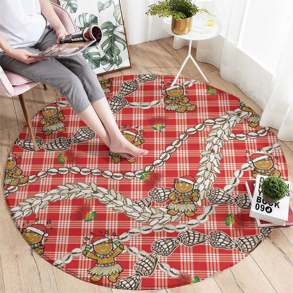 Red Palaka Hawaii Mele Kalikimaka Round Carpet Ohia Lehua Shell Leis Funny Gingerbread Santa - Polynesian Pride