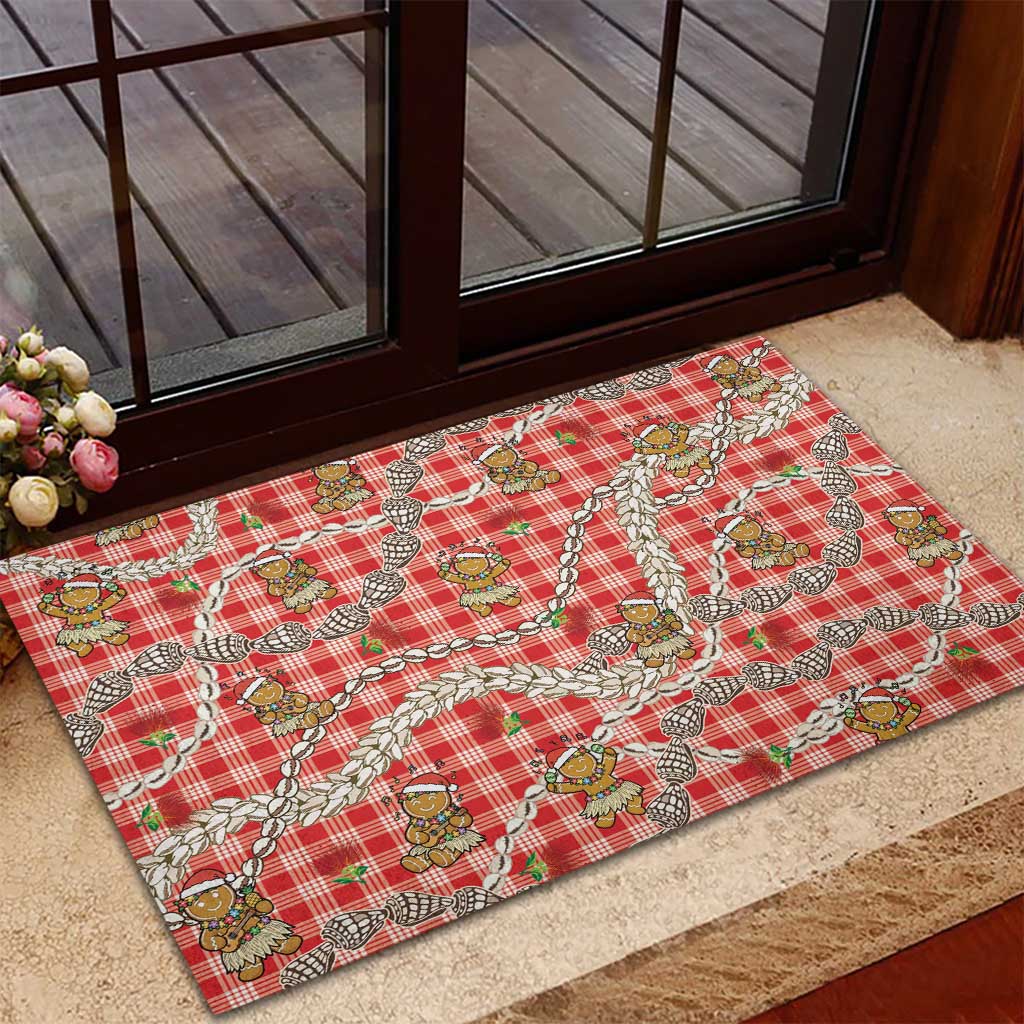 Red Palaka Hawaii Mele Kalikimaka Rubber Doormat Ohia Lehua Shell Leis Funny Gingerbread Santa - Polynesian Pride