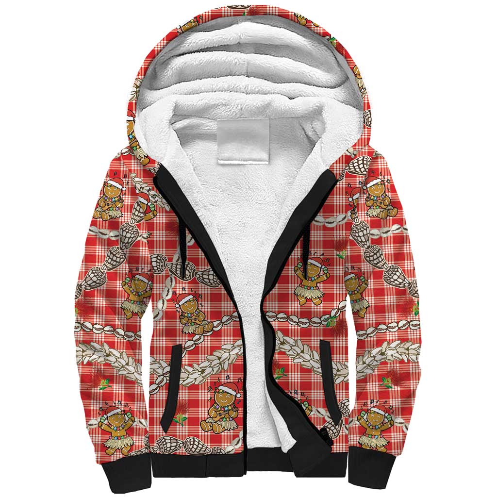 Red Palaka Hawaii Mele Kalikimaka Sherpa Hoodie Ohia Lehua Shell Leis Funny Gingerbread Santa - Polynesian Pride