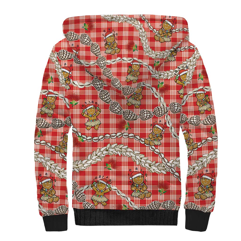 Red Palaka Hawaii Mele Kalikimaka Sherpa Hoodie Ohia Lehua Shell Leis Funny Gingerbread Santa - Polynesian Pride
