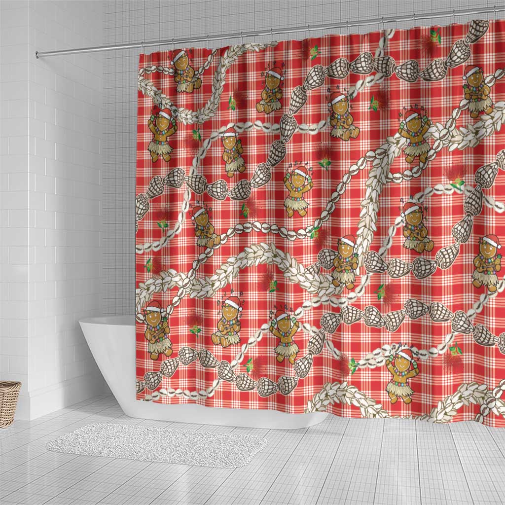 Red Palaka Hawaii Mele Kalikimaka Shower Curtain Ohia Lehua Shell Leis Funny Gingerbread Santa - Polynesian Pride