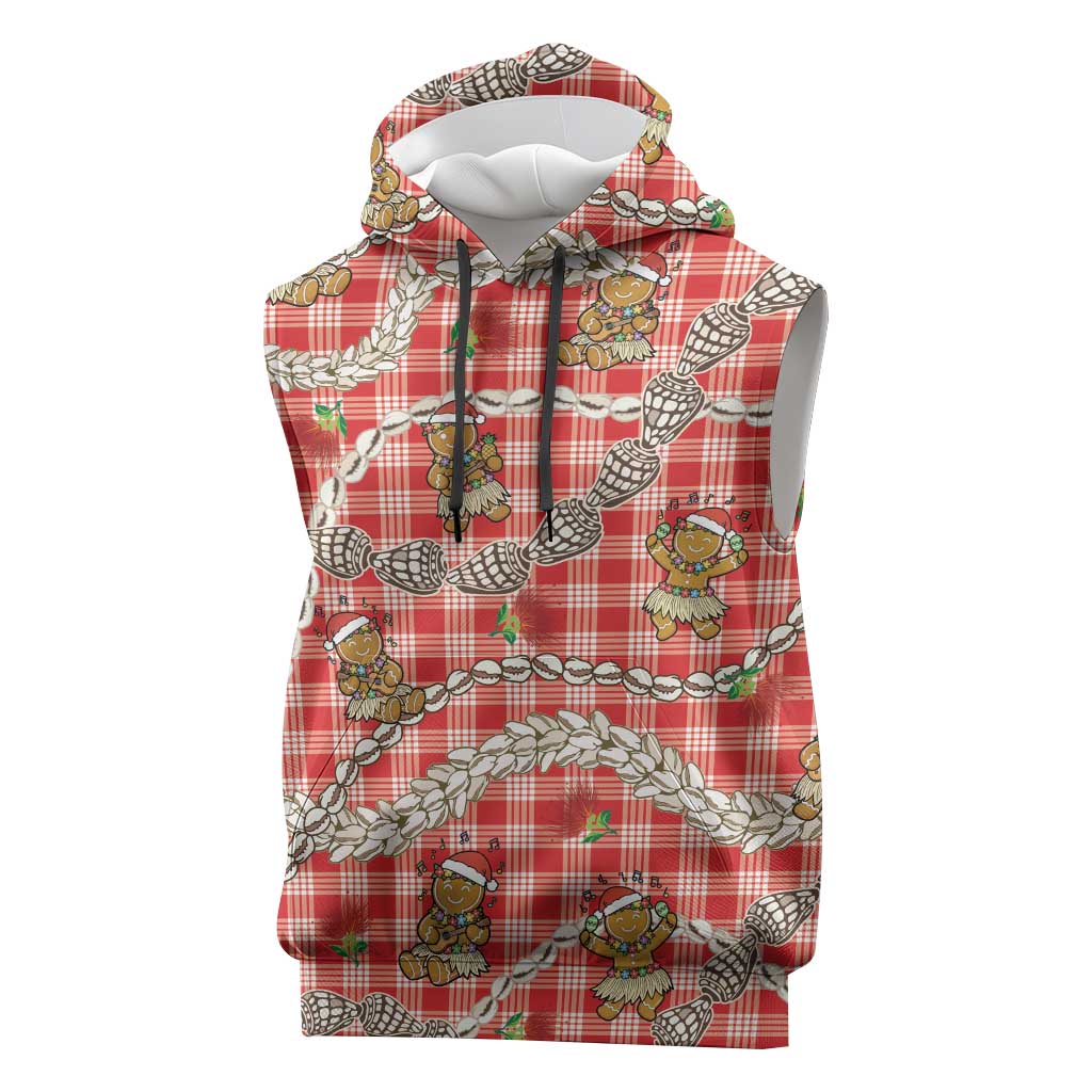 Red Palaka Hawaii Mele Kalikimaka Sleeveless Hoodie Ohia Lehua Shell Leis Funny Gingerbread Santa - Polynesian Pride