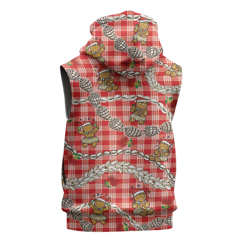 Red Palaka Hawaii Mele Kalikimaka Sleeveless Hoodie Ohia Lehua Shell Leis Funny Gingerbread Santa - Polynesian Pride