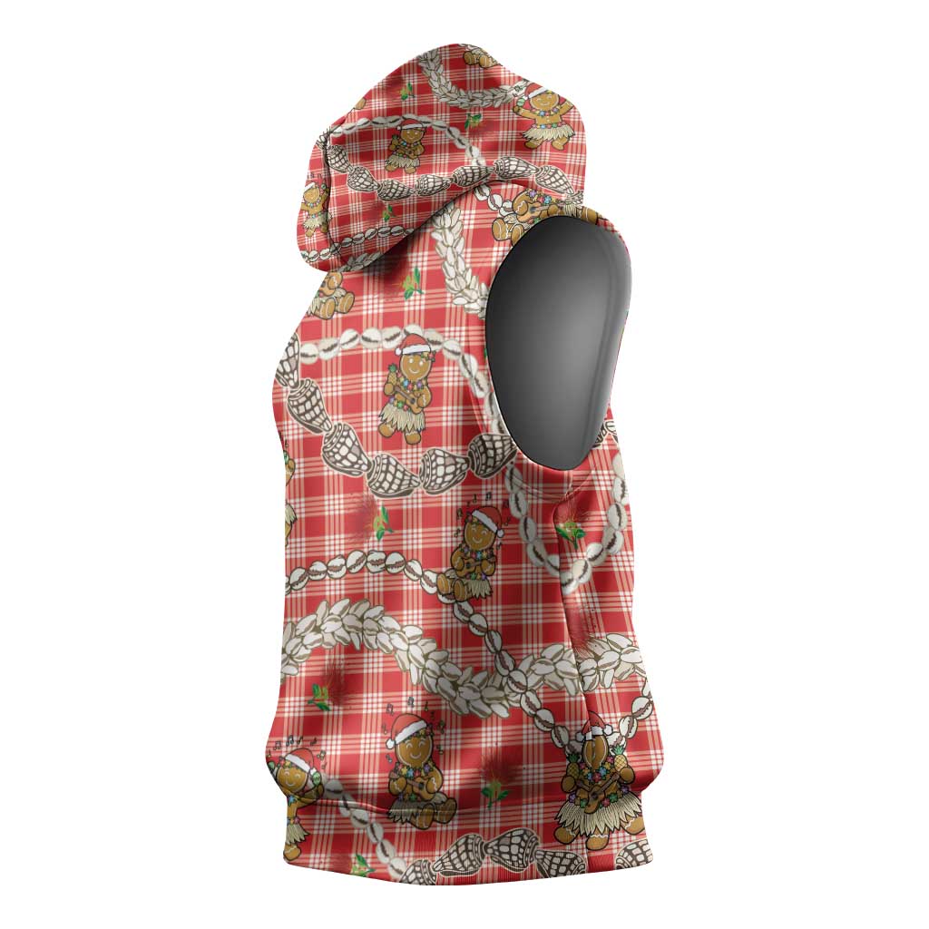 Red Palaka Hawaii Mele Kalikimaka Sleeveless Hoodie Ohia Lehua Shell Leis Funny Gingerbread Santa - Polynesian Pride