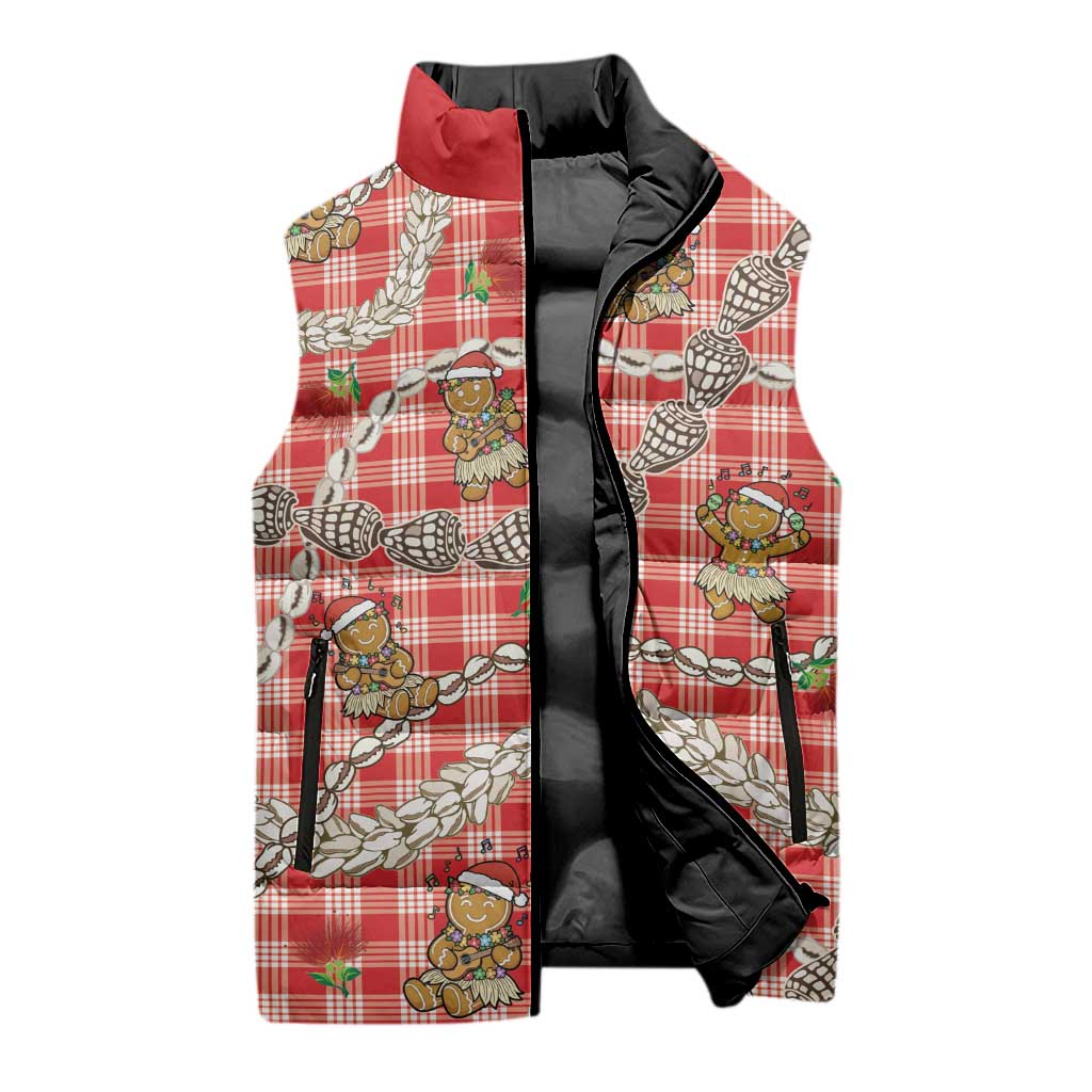 Red Palaka Hawaii Mele Kalikimaka Sleeveless Puffer Jacket Ohia Lehua Shell Leis Funny Gingerbread Santa - Polynesian Pride