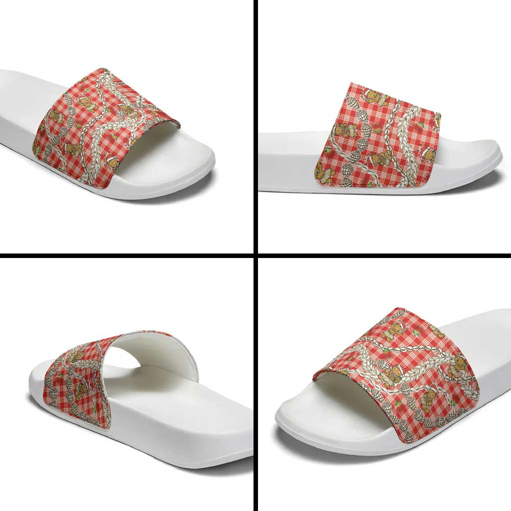 Red Palaka Hawaii Mele Kalikimaka Slide Sandals Ohia Lehua Shell Leis Funny Gingerbread Santa - Polynesian Pride