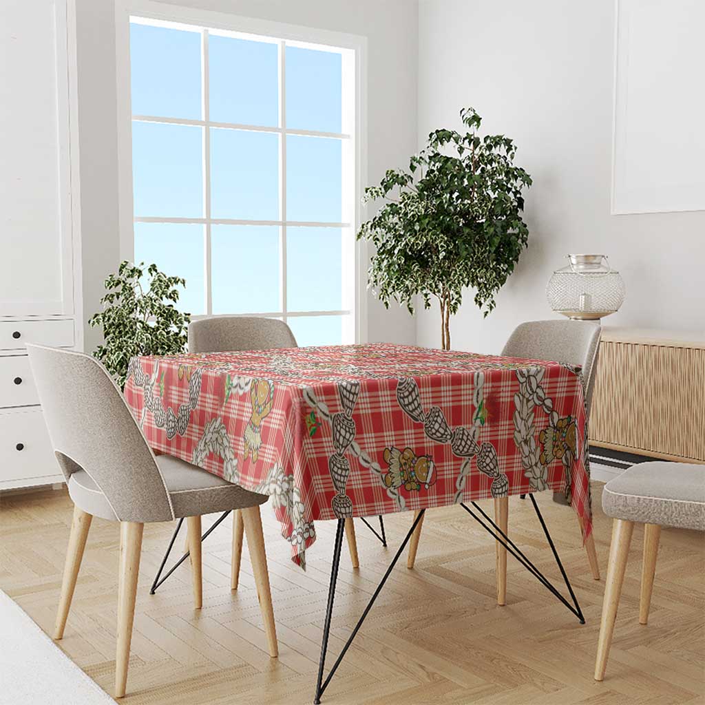 Red Palaka Hawaii Mele Kalikimaka Tablecloth Ohia Lehua Shell Leis Funny Gingerbread Santa - Polynesian Pride