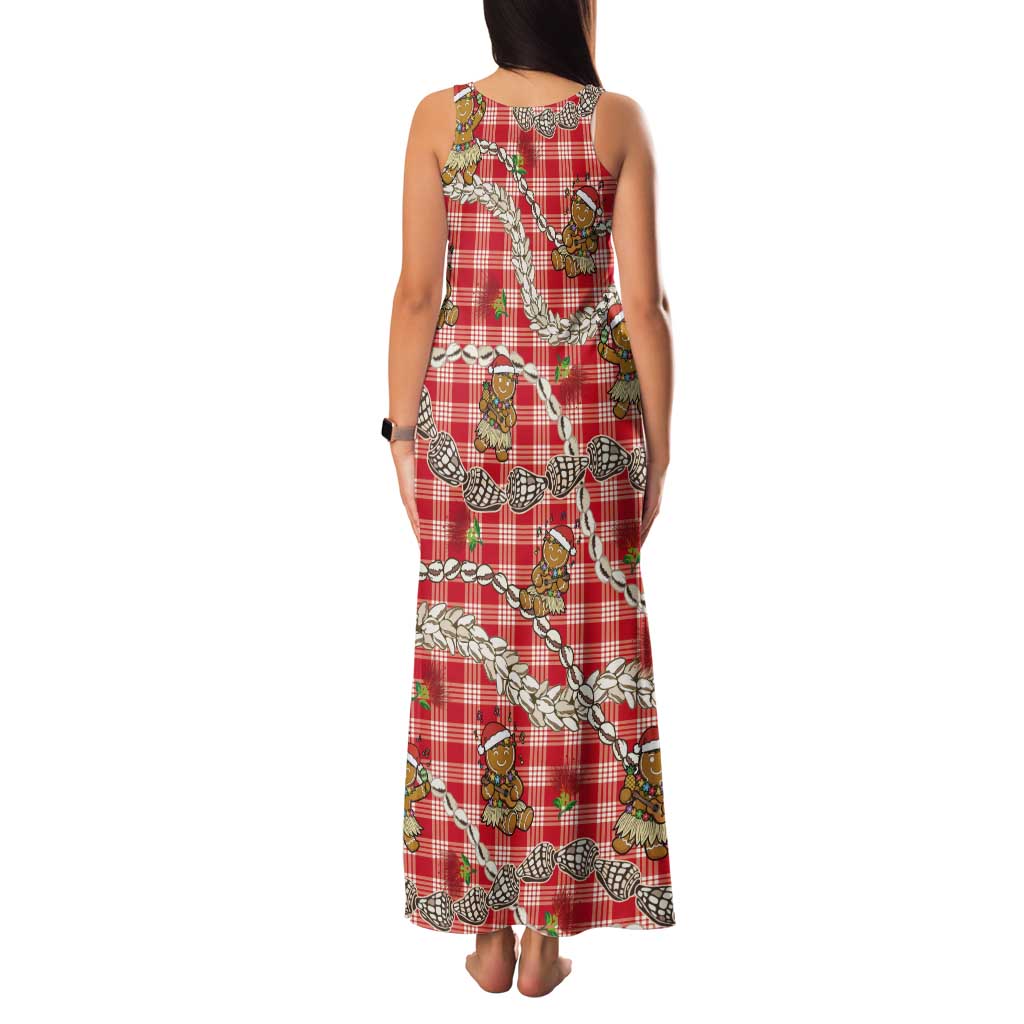 Red Palaka Hawaii Mele Kalikimaka Tank Maxi Dress Ohia Lehua Shell Leis Funny Gingerbread Santa - Polynesian Pride