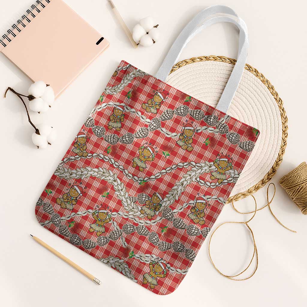 Red Palaka Hawaii Mele Kalikimaka Tote Bag Ohia Lehua Shell Leis Funny Gingerbread Santa - Polynesian Pride