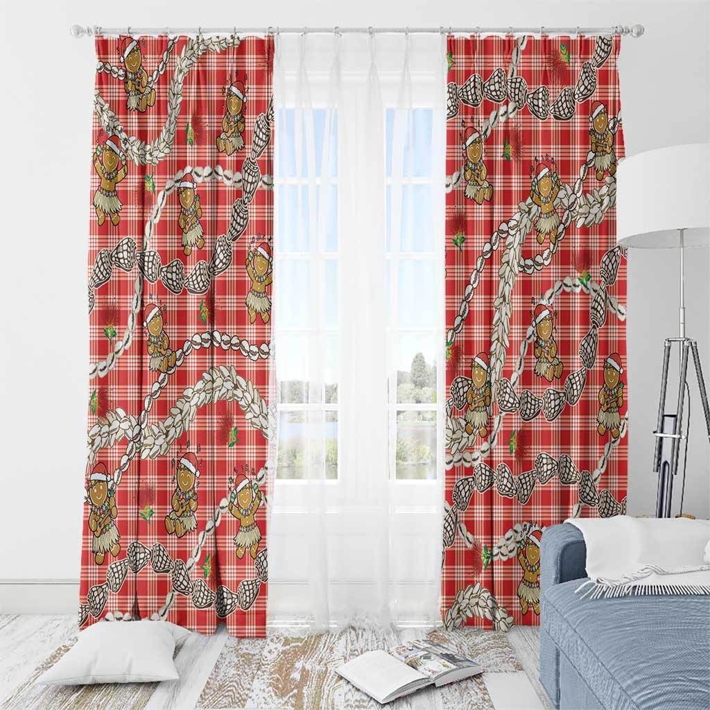Red Palaka Hawaii Mele Kalikimaka Window Curtain Ohia Lehua Shell Leis Funny Gingerbread Santa - Polynesian Pride