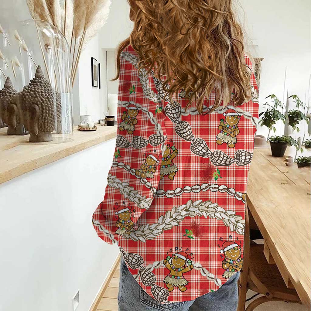 Red Palaka Hawaii Mele Kalikimaka Women Casual Shirt Ohia Lehua Shell Leis Funny Gingerbread Santa - Polynesian Pride