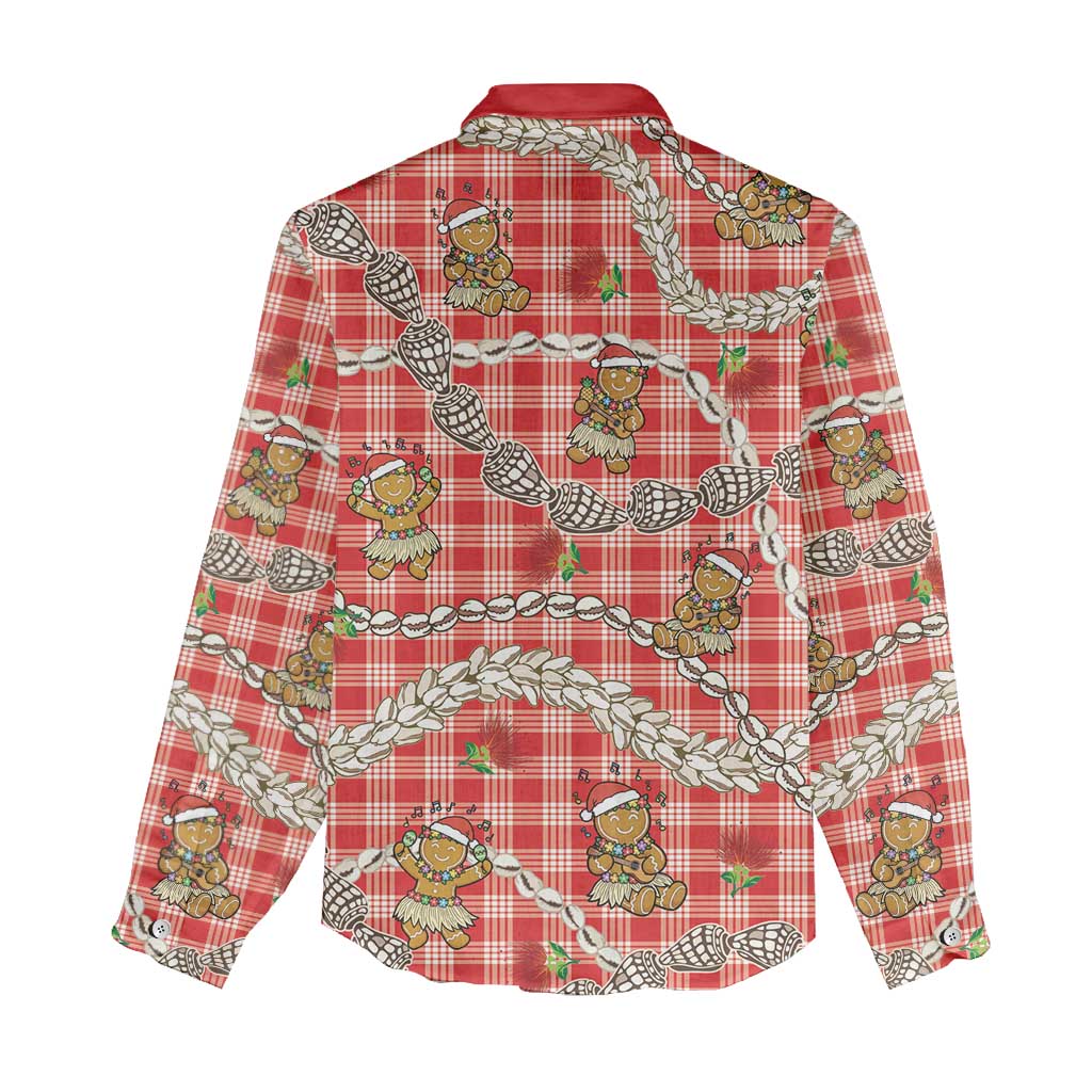 Red Palaka Hawaii Mele Kalikimaka Women Casual Shirt Ohia Lehua Shell Leis Funny Gingerbread Santa - Polynesian Pride