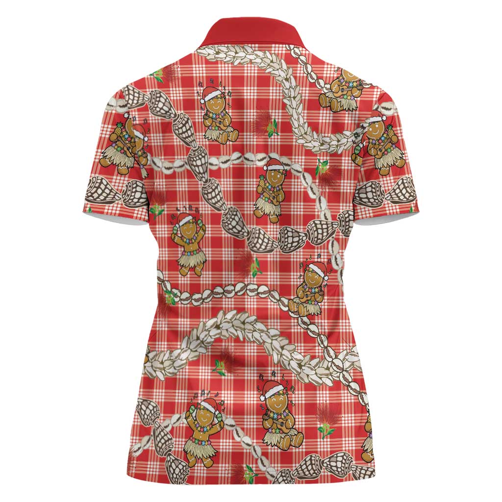 Red Palaka Hawaii Mele Kalikimaka Women Polo Shirt Ohia Lehua Shell Leis Funny Gingerbread Santa - Polynesian Pride