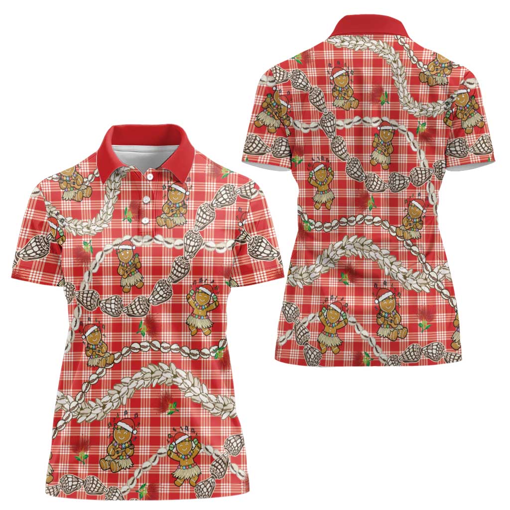 Red Palaka Hawaii Mele Kalikimaka Women Polo Shirt Ohia Lehua Shell Leis Funny Gingerbread Santa - Polynesian Pride