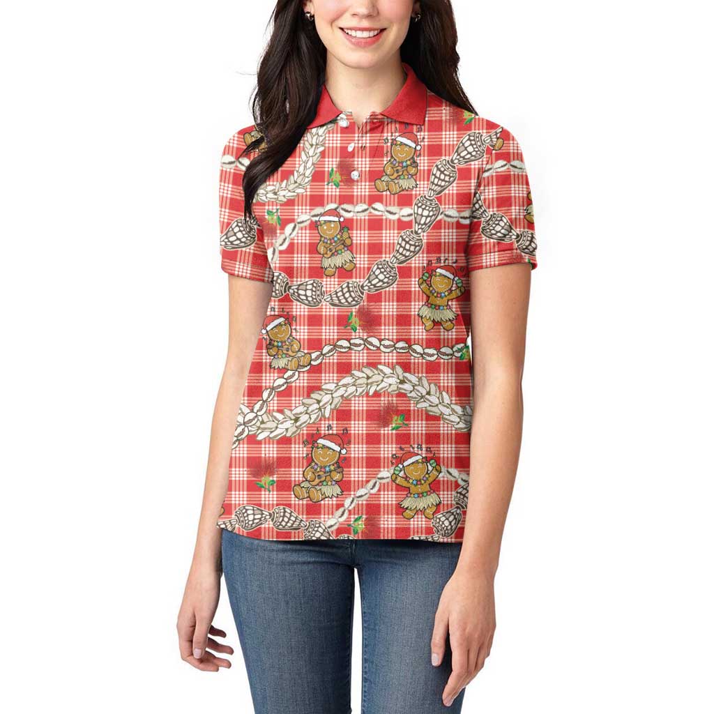 Red Palaka Hawaii Mele Kalikimaka Women Polo Shirt Ohia Lehua Shell Leis Funny Gingerbread Santa - Polynesian Pride