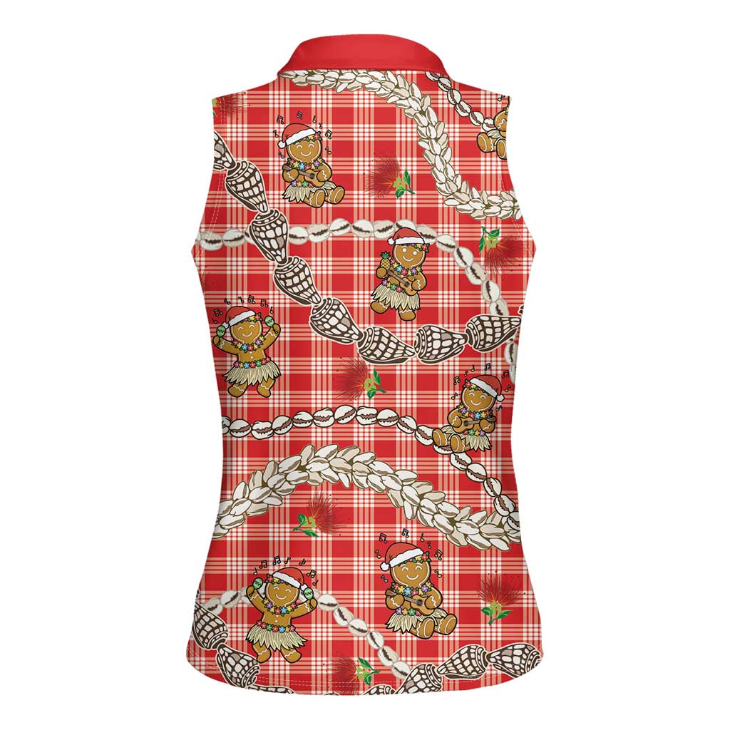 Red Palaka Hawaii Mele Kalikimaka Women Sleeveless Polo Shirt Ohia Lehua Shell Leis Funny Gingerbread Santa LT14 - Polynesian Pride