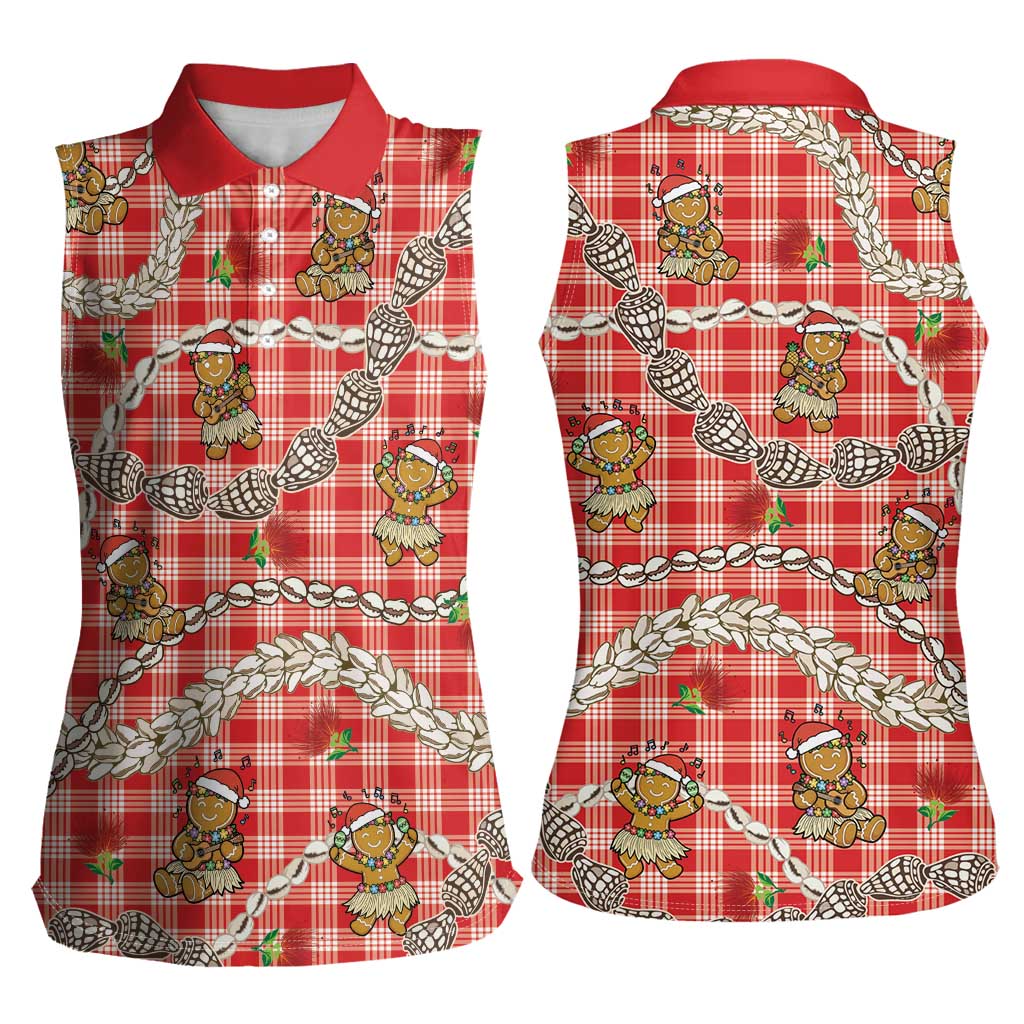 Red Palaka Hawaii Mele Kalikimaka Women Sleeveless Polo Shirt Ohia Lehua Shell Leis Funny Gingerbread Santa LT14 - Polynesian Pride