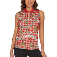 Red Palaka Hawaii Mele Kalikimaka Women Sleeveless Polo Shirt Ohia Lehua Shell Leis Funny Gingerbread Santa LT14 - Polynesian Pride