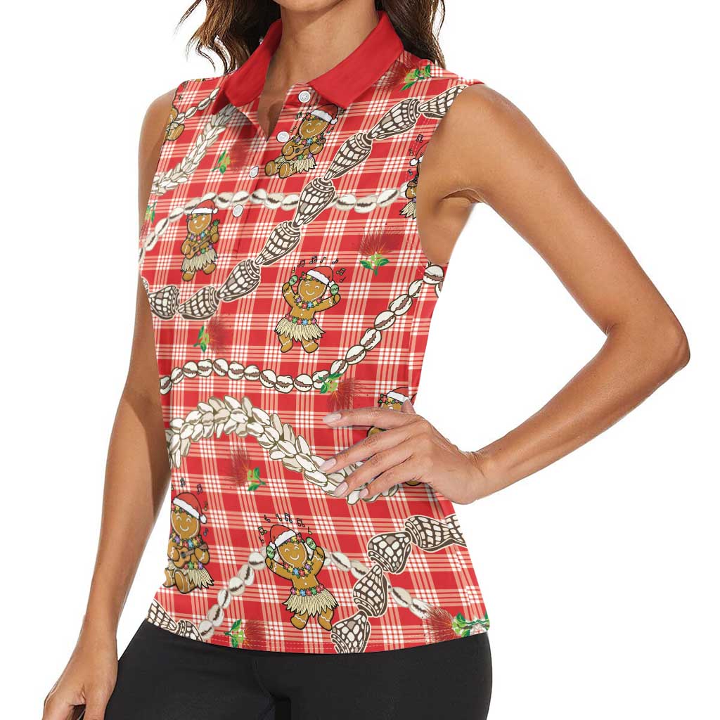 Red Palaka Hawaii Mele Kalikimaka Women Sleeveless Polo Shirt Ohia Lehua Shell Leis Funny Gingerbread Santa LT14 - Polynesian Pride