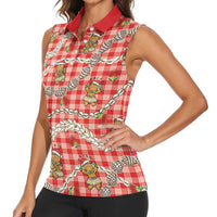 Red Palaka Hawaii Mele Kalikimaka Women Sleeveless Polo Shirt Ohia Lehua Shell Leis Funny Gingerbread Santa LT14 - Polynesian Pride
