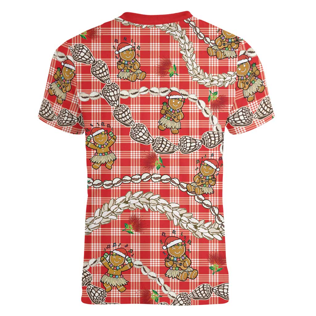 Red Palaka Hawaii Mele Kalikimaka Women V-Neck T-Shirt Ohia Lehua Shell Leis Funny Gingerbread Santa - Polynesian Pride