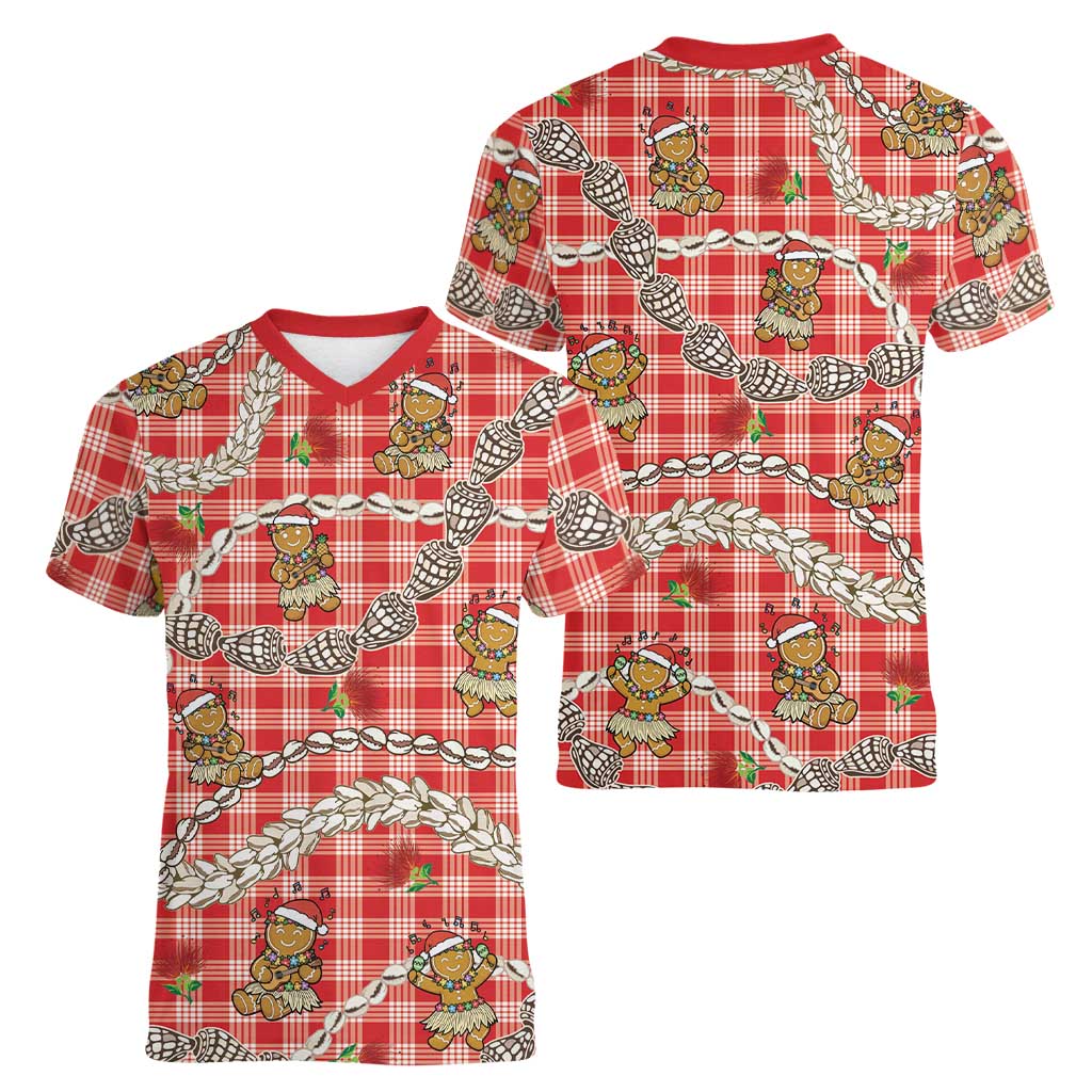 Red Palaka Hawaii Mele Kalikimaka Women V-Neck T-Shirt Ohia Lehua Shell Leis Funny Gingerbread Santa - Polynesian Pride