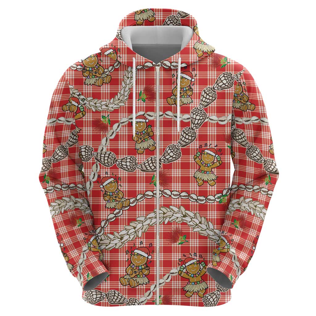Red Palaka Hawaii Mele Kalikimaka Zip Hoodie Ohia Lehua Shell Leis Funny Gingerbread Santa - Polynesian Pride