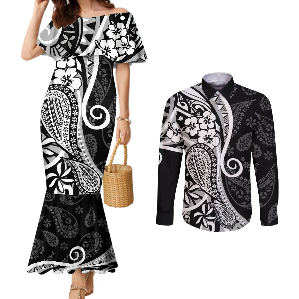 Black Polynesia Paisley Couples Matching Mermaid Dress and Long Sleeve Button Shirt Polynesian With Tropical Flowers LT14 Black - Polynesian Pride