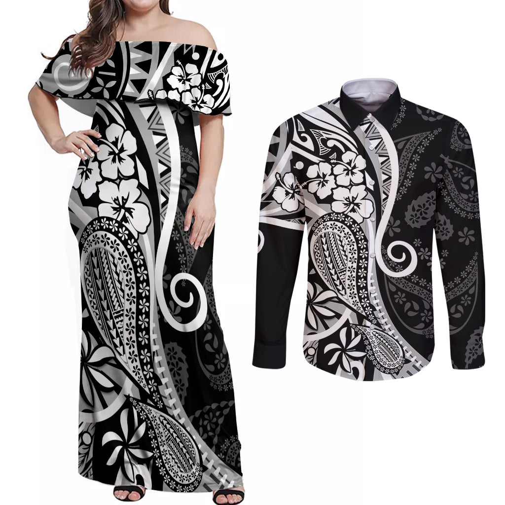 Black Polynesia Paisley Couples Matching Off Shoulder Maxi Dress and Long Sleeve Button Shirt Polynesian With Tropical Flowers LT14 Black - Polynesian Pride