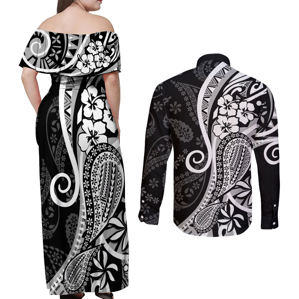 Black Polynesia Paisley Couples Matching Off Shoulder Maxi Dress and Long Sleeve Button Shirt Polynesian With Tropical Flowers LT14 - Polynesian Pride