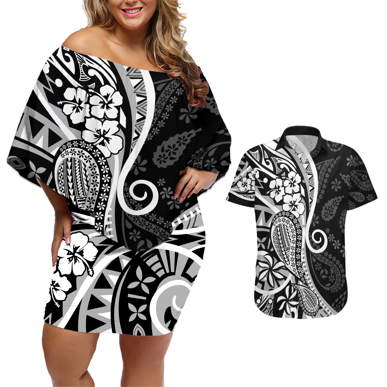 Black Polynesia Paisley Couples Matching Off Shoulder Short Dress and Hawaiian Shirt Polynesian With Tropical Flowers LT14 Black - Polynesian Pride
