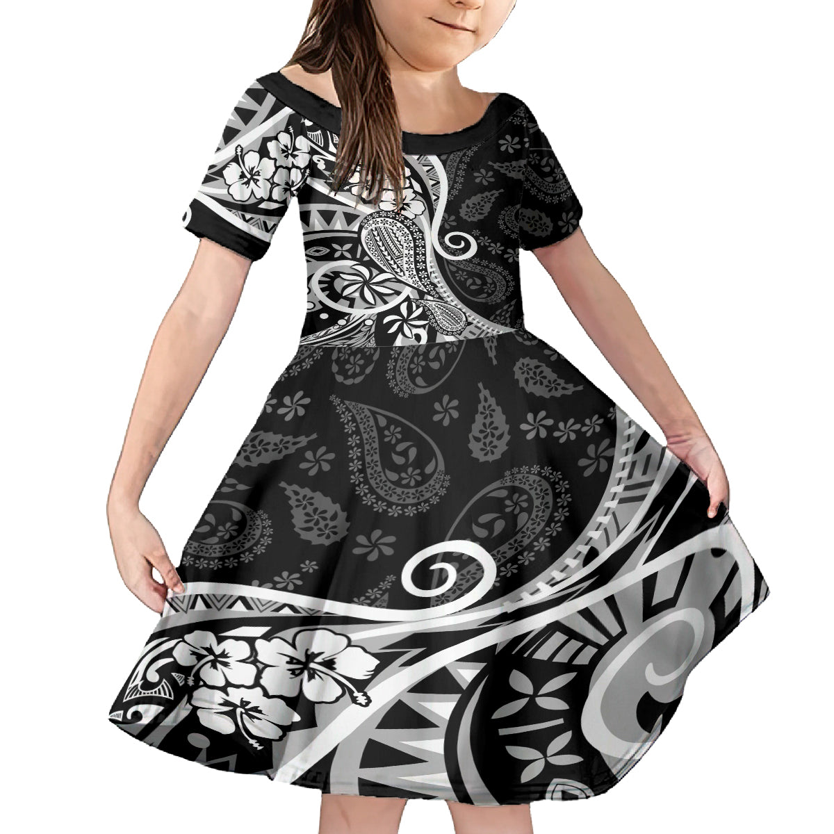 Black Polynesia Paisley Family Matching Off Shoulder Long Sleeve Dress and Hawaiian Shirt Polynesian With Tropical Flowers LT14 Daughter's Dress Black - Polynesian Pride