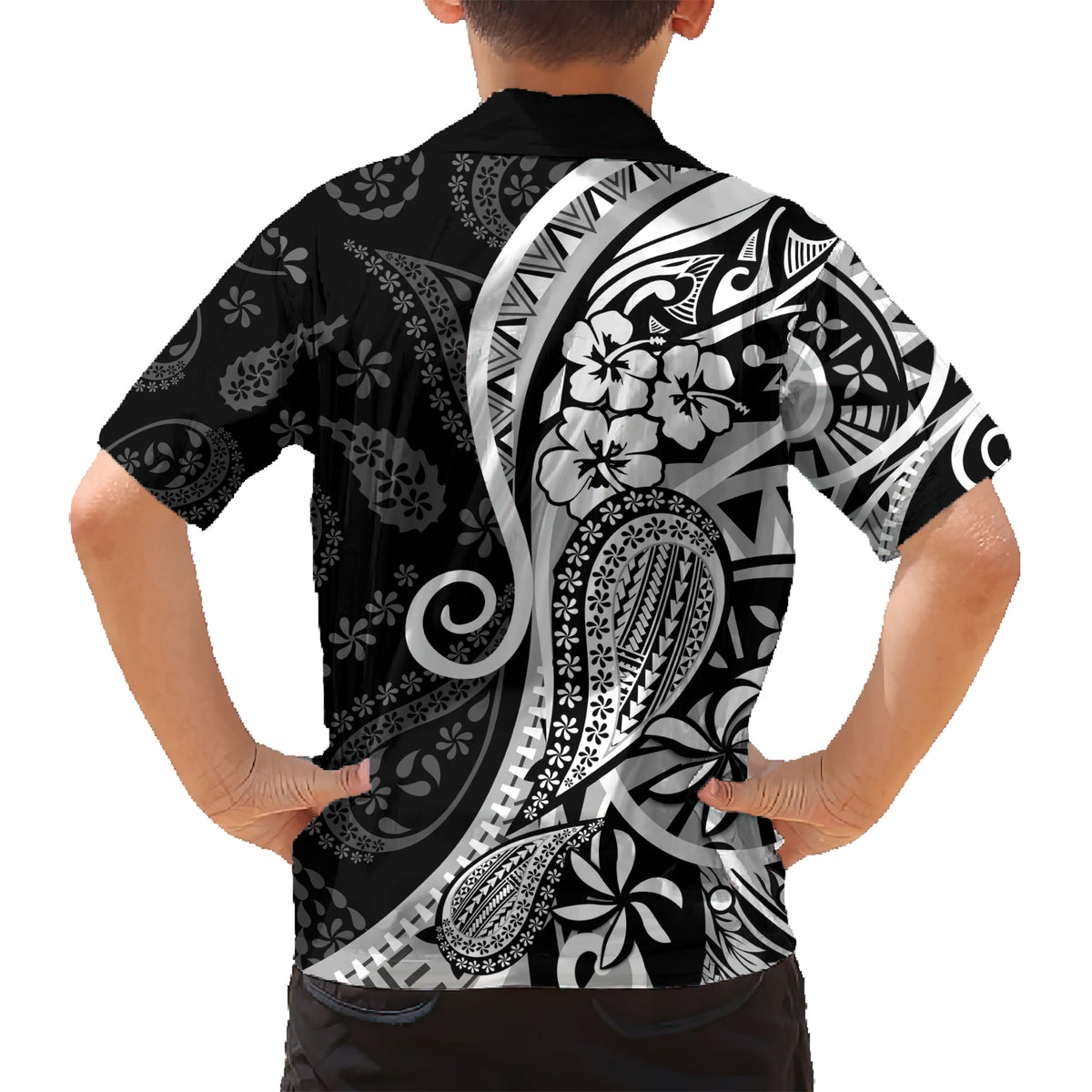 Black Polynesia Paisley Kid Hawaiian Shirt Polynesian With Tropical Flowers LT14 - Polynesian Pride