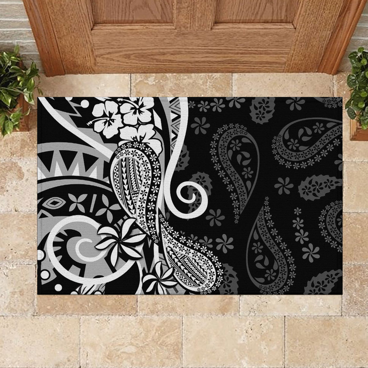 Black Polynesia Paisley Rubber Doormat Polynesian With Tropical Flowers LT14 - Polynesian Pride