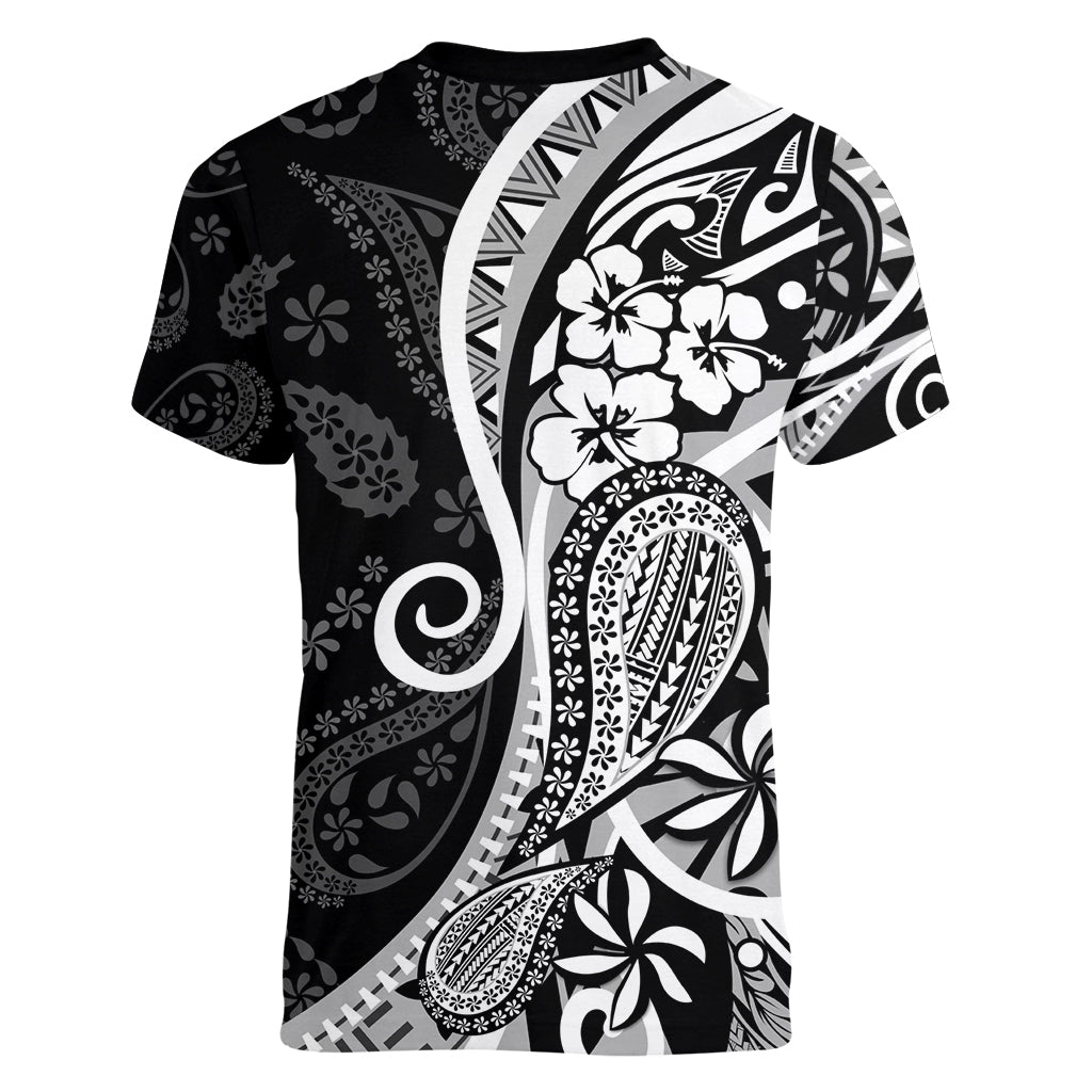 Black Polynesia Paisley Women V Neck T Shirt Polynesian With Tropical Flowers LT14 - Polynesian Pride
