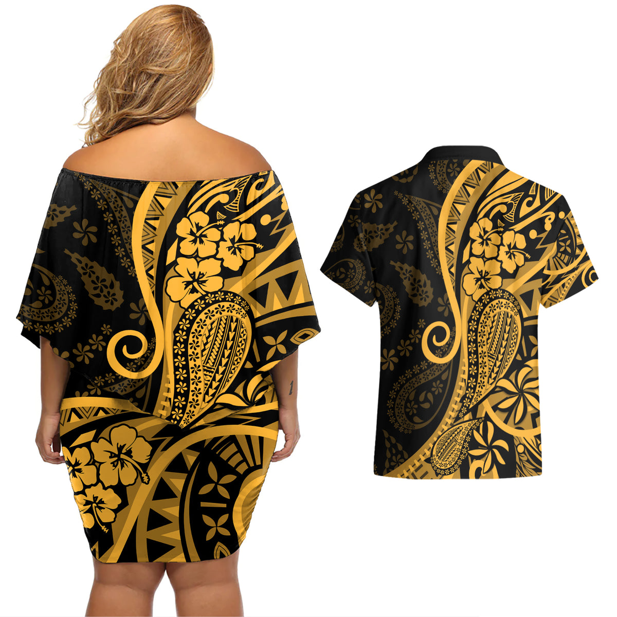 Gold Polynesia Paisley Couples Matching Off Shoulder Short Dress and Hawaiian Shirt Polynesian With Tropical Flowers LT14 - Polynesian Pride