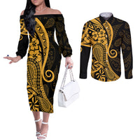 Gold Polynesia Paisley Couples Matching Off The Shoulder Long Sleeve Dress and Long Sleeve Button Shirt Polynesian With Tropical Flowers LT14 Gold - Polynesian Pride