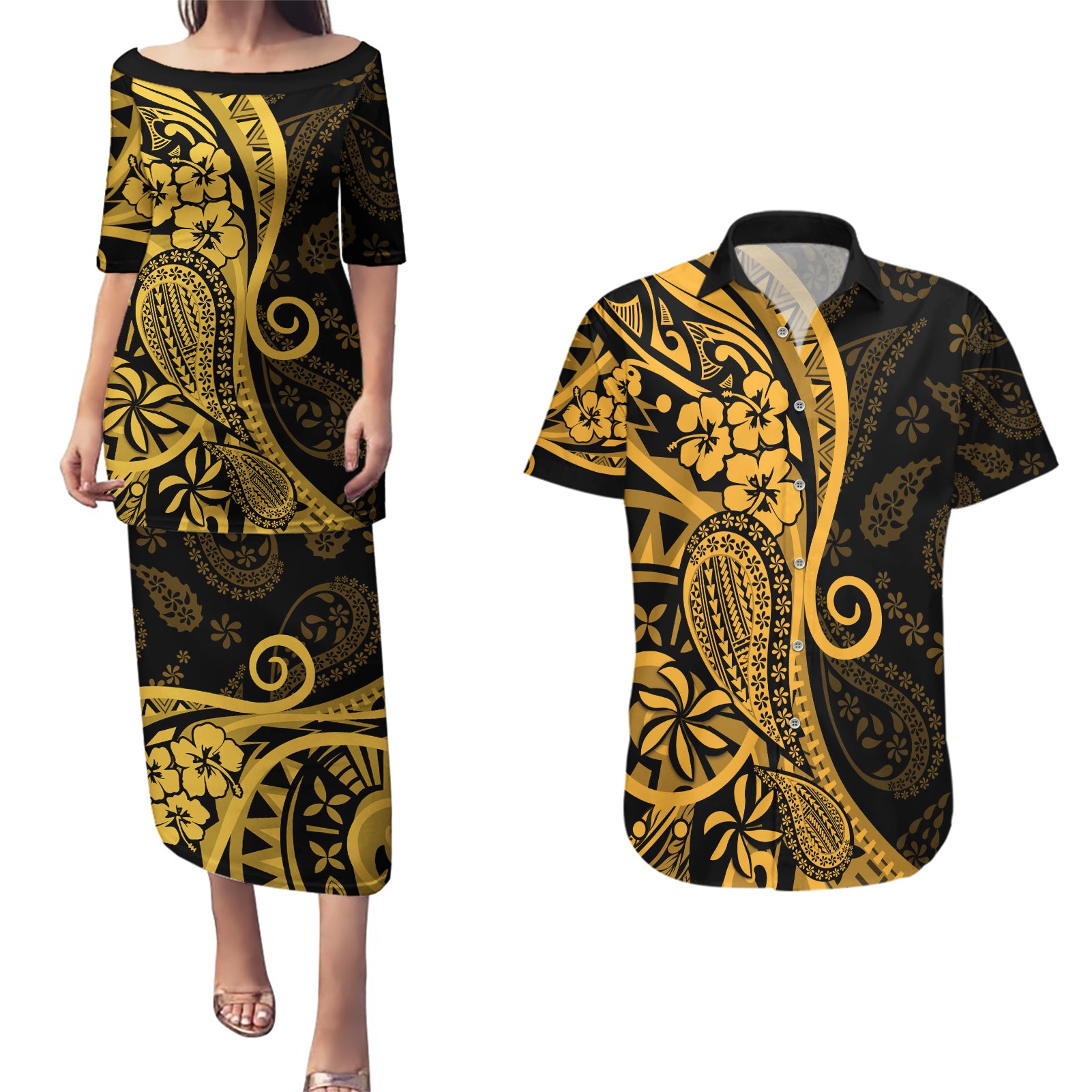Gold Polynesia Paisley Couples Matching Puletasi Dress and Hawaiian Shirt Polynesian With Tropical Flowers LT14 Gold - Polynesian Pride