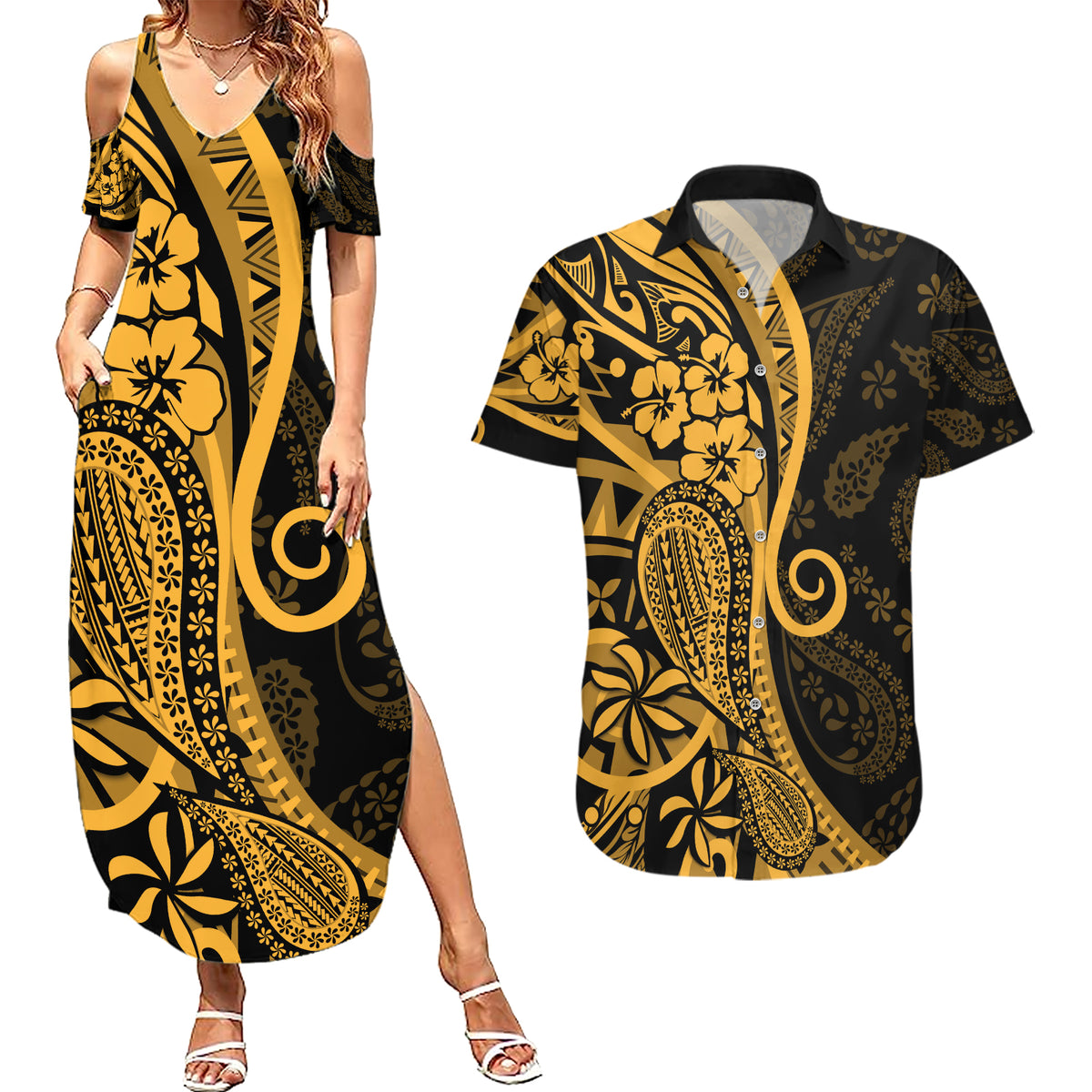 Gold Polynesia Paisley Couples Matching Summer Maxi Dress and Hawaiian Shirt Polynesian With Tropical Flowers LT14 Gold - Polynesian Pride