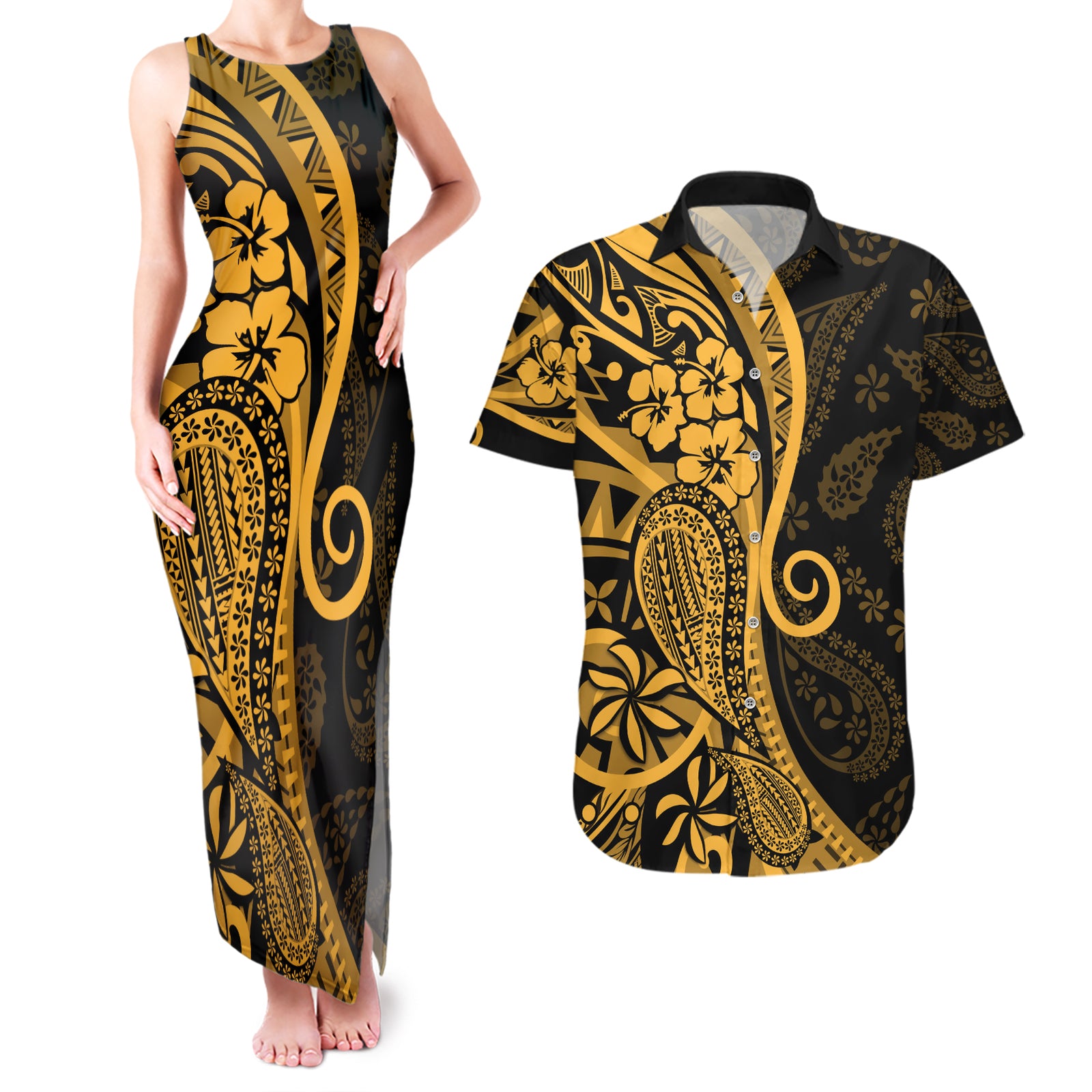 Gold Polynesia Paisley Couples Matching Tank Maxi Dress and Hawaiian Shirt Polynesian With Tropical Flowers LT14 Gold - Polynesian Pride