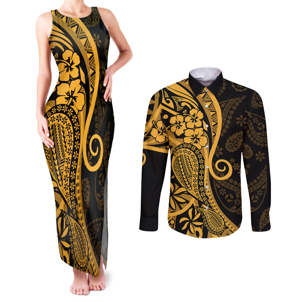Gold Polynesia Paisley Couples Matching Tank Maxi Dress and Long Sleeve Button Shirt Polynesian With Tropical Flowers LT14 Gold - Polynesian Pride