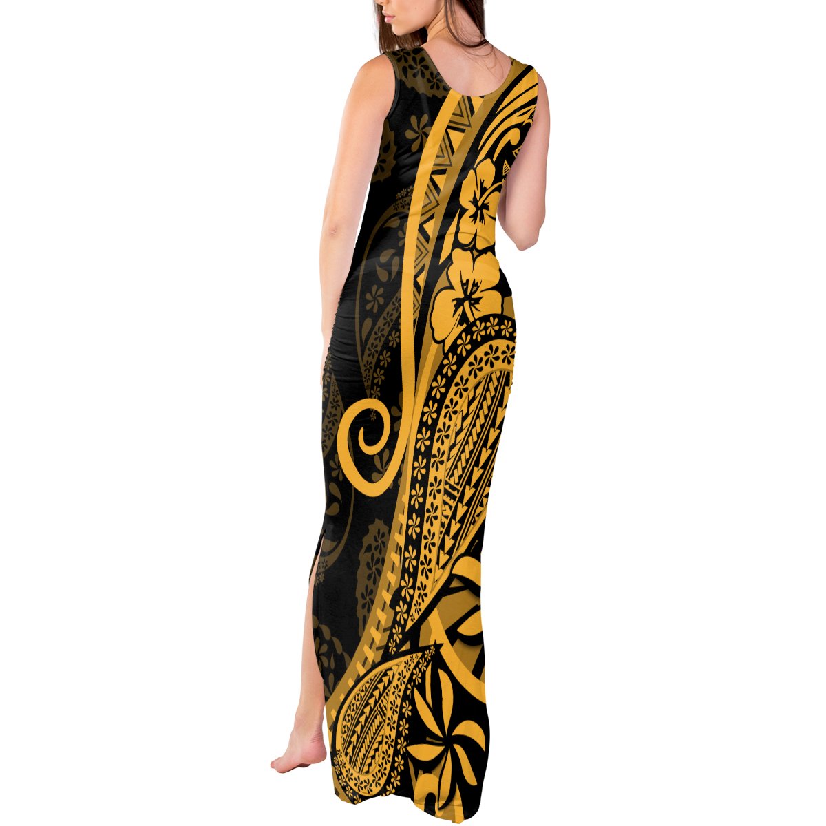 Gold Polynesia Paisley Tank Maxi Dress Polynesian With Tropical Flowers LT14 - Polynesian Pride