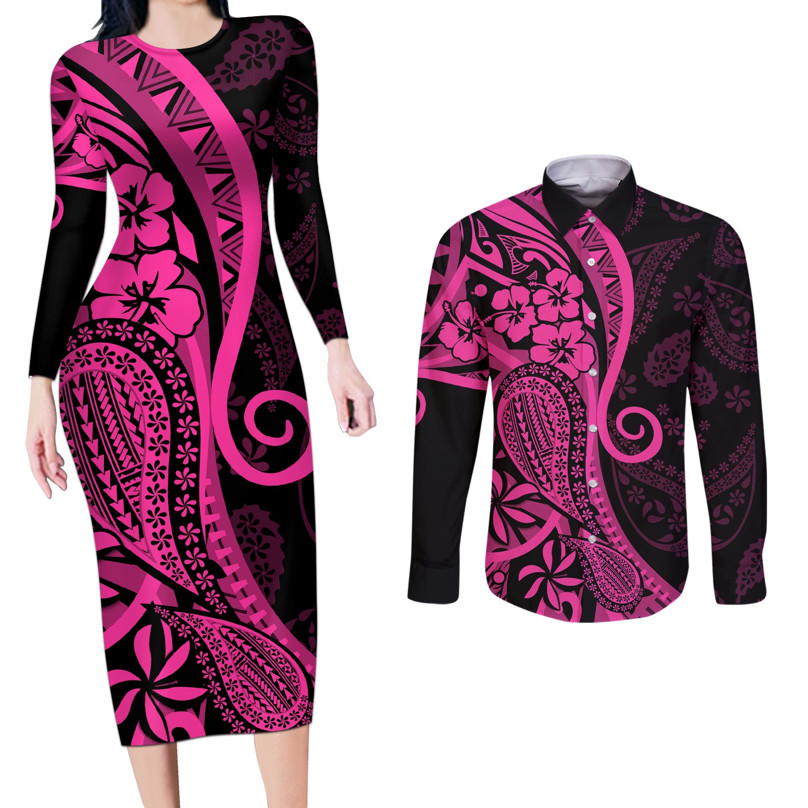 Pink Polynesia Paisley Couples Matching Long Sleeve Bodycon Dress and Long Sleeve Button Shirt Polynesian With Tropical Flowers LT14 Pink - Polynesian Pride