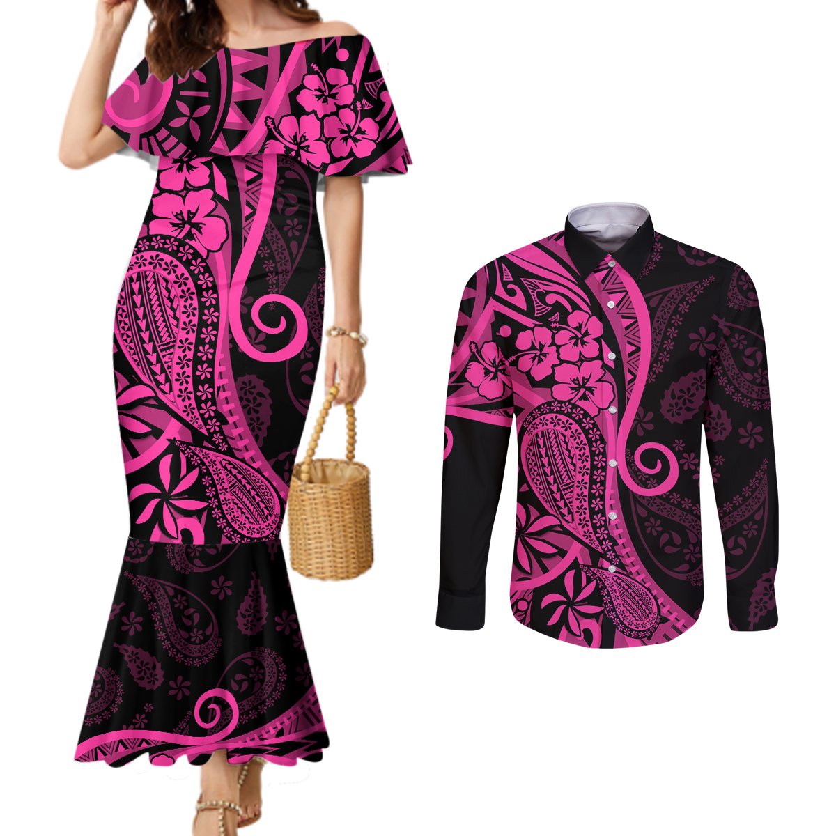 Pink Polynesia Paisley Couples Matching Mermaid Dress and Long Sleeve Button Shirt Polynesian With Tropical Flowers LT14 Pink - Polynesian Pride