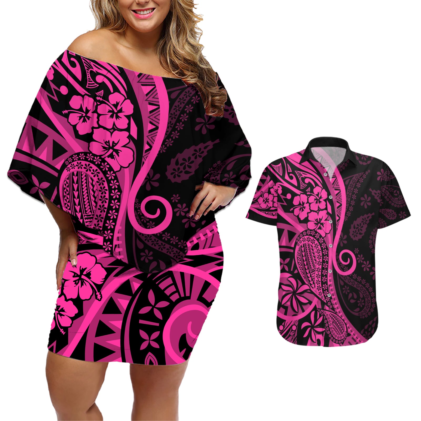 Pink Polynesia Paisley Couples Matching Off Shoulder Short Dress and Hawaiian Shirt Polynesian With Tropical Flowers LT14 Pink - Polynesian Pride