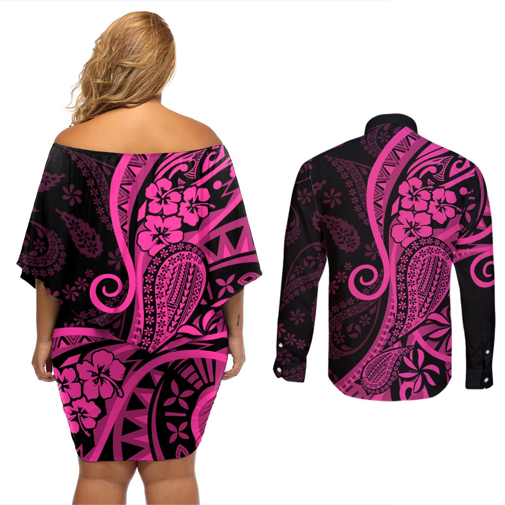 Pink Polynesia Paisley Couples Matching Off Shoulder Short Dress and Long Sleeve Button Shirt Polynesian With Tropical Flowers LT14 - Polynesian Pride