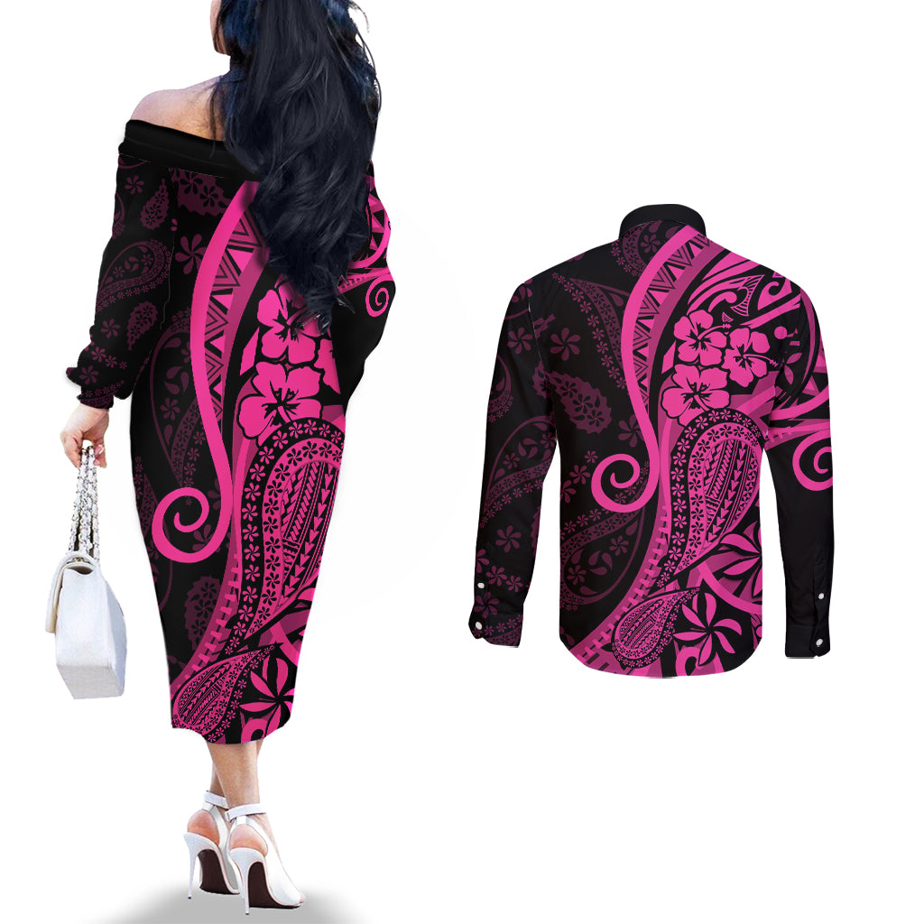 Pink Polynesia Paisley Couples Matching Off The Shoulder Long Sleeve Dress and Long Sleeve Button Shirt Polynesian With Tropical Flowers LT14 - Polynesian Pride